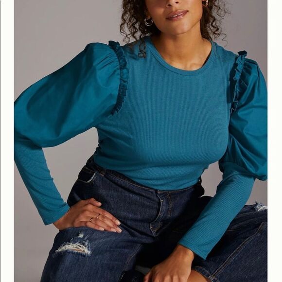 Anthropologie Ruffled Contrast Top | Size: XS Petite | Color: Turquoise - Picture 5 of 6